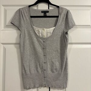 Y2K Grey Short Sleeve Cardigan with Faux Button Detail & Lace Insert